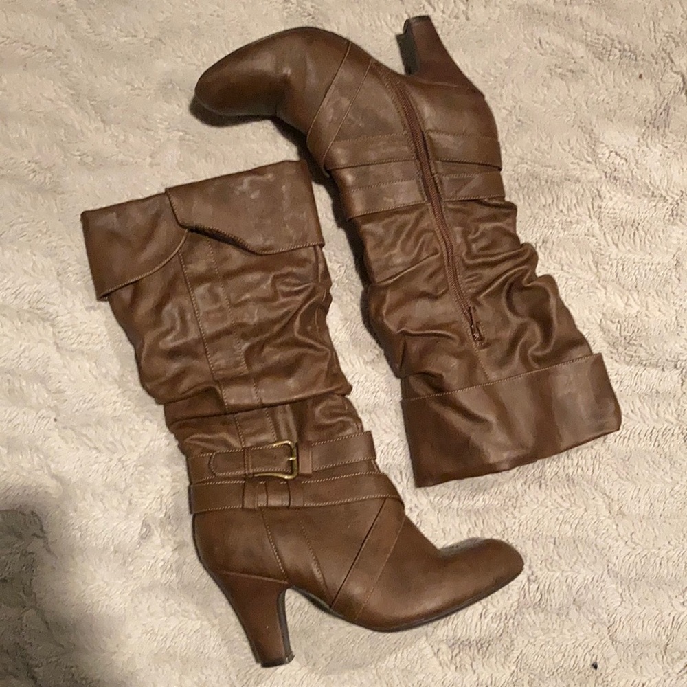 Brown crinkled calf high boots